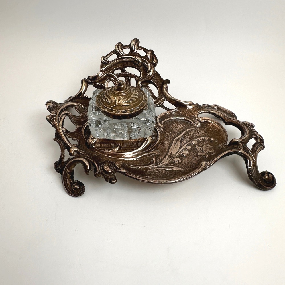 Art Nouveau Brass Desk Inkwell Heavy Cast Metal Victorian Library Dark Academia - Picture 5 of 11